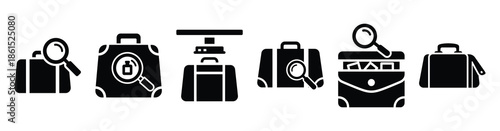 Set of customs inspection bag vector icons isolated on white background. Vector illustration. Black flat design