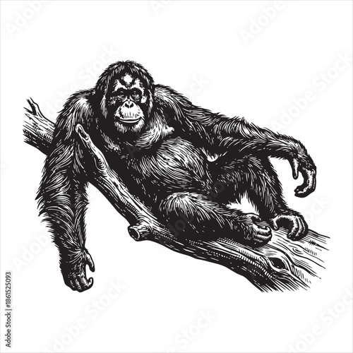 Detailed grayscale vector illustration of an orangutan in a striking silhouette