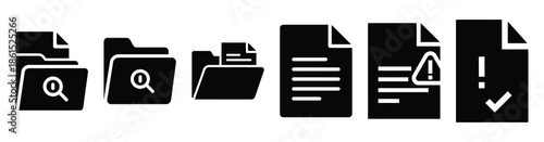 Set of incident report file vector icons isolated on white background. Vector illustration. Black flat design