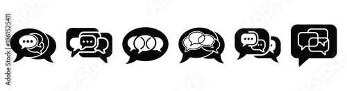 Set of multilingual chat bubble vector icons isolated on white background. Vector illustration. Black flat design