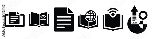 Set of online publication article vector icons isolated on white background. Vector illustration. Black flat design