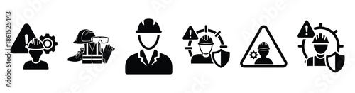Set of occupational safety sign vector icons isolated on white background. Vector illustration. Black flat design