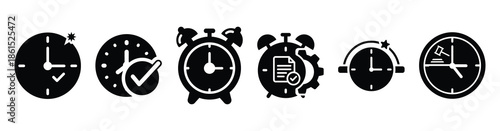 Set of probation review clock vector icons isolated on white background. Vector illustration. Black flat design