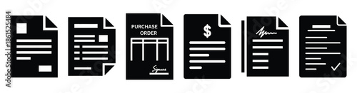 Set of purchase order document vector icons isolated on white background. Vector illustration. Black flat design