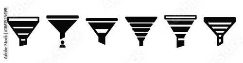 Set of recruitment pipeline funnel vector icons isolated on white background. Vector illustration. Black flat design