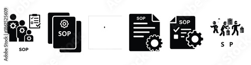Set of standard operating procedure vector icons isolated on white background. Vector illustration. Black flat design