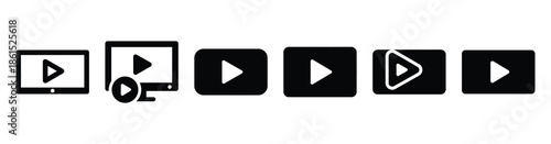 Set of streaming content play vector icons isolated on white background. Vector illustration. Black flat design