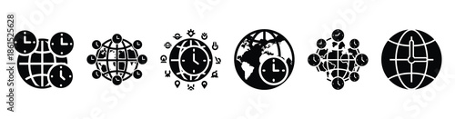 Set of time zone clock vector icons isolated on white background. Vector illustration. Black flat design