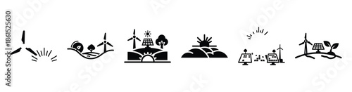 Set of sustainable future horizon vector icons isolated on white background. Vector illustration. Black flat design