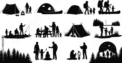 Camping activity silhouettes, outdoor recreation, family adventure, tent setup, campfire scene, hiking, fishing, canoeing, nature exploration, black vector, leisure illustration