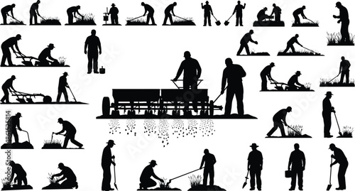 Farming activity silhouettes, agricultural labor, seed drill machine, manual tools, crop cultivation, black vector, rural work, soil preparation, farm equipment, field illustration