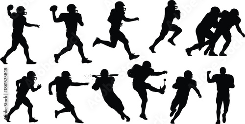 American football silhouettes, player action poses, tackle motion, quarterback throw, receiver catch, kicker stance, black vector, sports icon, dynamic movement, athletic illustration