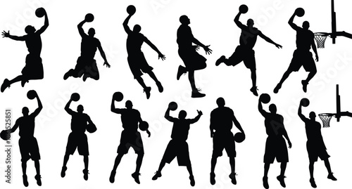 Basketball dunk silhouettes, slam dunk action, player poses, hoop scenes, athletic motion, black vector, sports icon, dynamic movement, game illustration, jump sequence