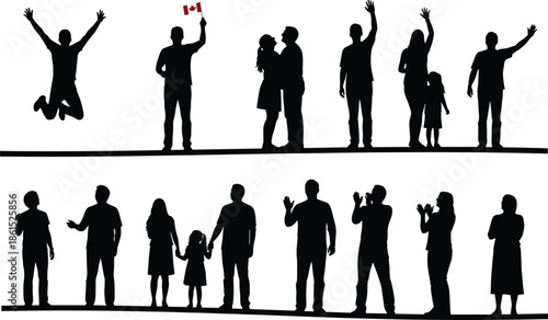 Canadian celebration, silhouette, posture, gesture, setup, vector, pose, flavector, minimal, technical, flat, flag, interaction, family, emotion, bundle, national pride, cad drawing flat vector