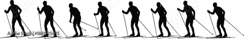 Cross-country skiing, silhouette, skier, posture, gesture, setup, vector, pose, flavector, minimal, technical, flat, motion, winter, sport, stride, bundle, cad drawing flat vector