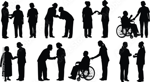 Elderly care, healthcare, silhouette, posture, gesture, setup, vector, pose, flavector, minimal, technical, flat, compassion, wheelchair, nurse, support, bundle, caregiving, cad drawing flat vector