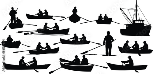 Rowing, boat, silhouette, water, posture, gesture, setup, vector, pose, flavector, minimal, technical, flat, fishing, paddling, group, bundle, nautical, cad drawing flat vector