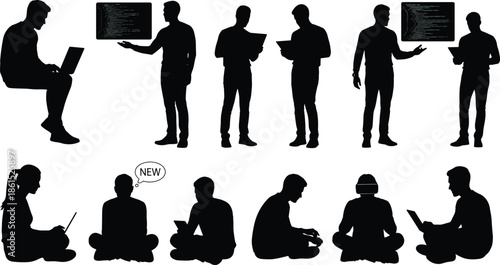 Technology, coding, silhouette, posture, gesture, setup, vector, pose, flavector, minimal, technical, flat, laptop, tablet, VR, screen, speech bubble, bundle, cad drawing flat vector