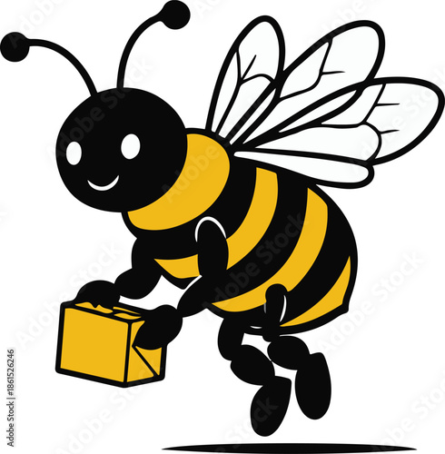 A bee as a delivery courier carrying a small package, simple flying pose, flat vector illustration, limited colors, thick black outline, no shadow, no texture, clean sticker design, isolated on white 