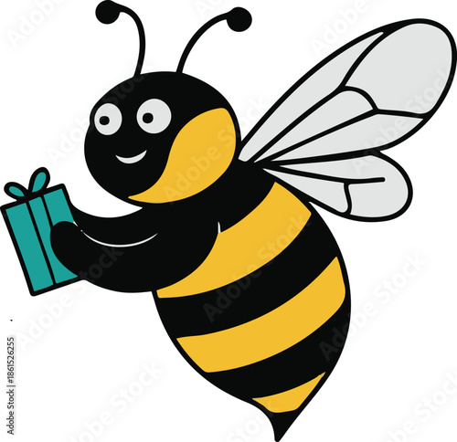 A bee as a delivery courier carrying a small package, simple flying pose, flat vector illustration, limited colors, thick black outline, no shadow, no texture, clean sticker design, isolated on white 