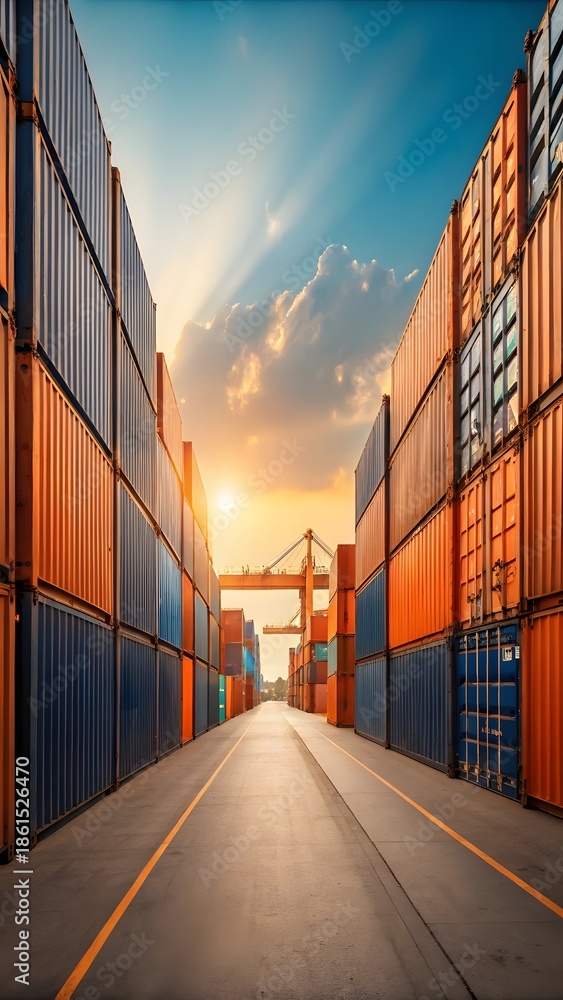Fototapeta premium Global Shipping Containers Terminal At Sunset With Cargo Logistics Industry And Trade Transportation Concept