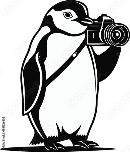 A penguin as a photographer holding a camera, centered composition, minimal details, flat vector art, solid flat colors, bold black outline, no lighting, no gradient, clean edges, white background 2