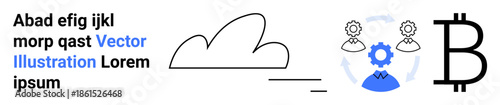 Digital economy, cloud computing, blockchain, cryptocurrency, financial systems, decentralized tech. A cloud, gear system and Bitcoin icon. Digital economy and cloud computing concept
