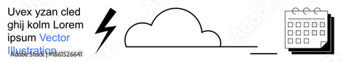 Data storage, task scheduling, fast action, cloud computing, planning, technology. Cloud, lightning bolt and calendar icons. Cloud computing and task scheduling in a minimalist style