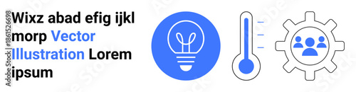 Energy efficiency, teamwork, innovation, productivity, climate control, sustainable processes. Lightbulb, thermometer and gear with user figures. Energy efficiency and teamwork concepts