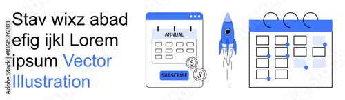 Subscription services, startup growth, project planning, financial management, task organization, scheduling. A calendar, rocket and payment subscription interface. Subscription services and startup