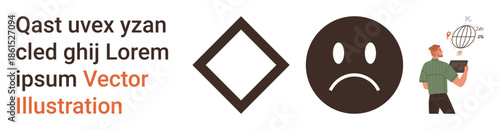 Communication, emotions, education, data analysis, problem-solving, modern illustration. Sad face icon, diamond shape person interacting with data. Communication and emotions concept