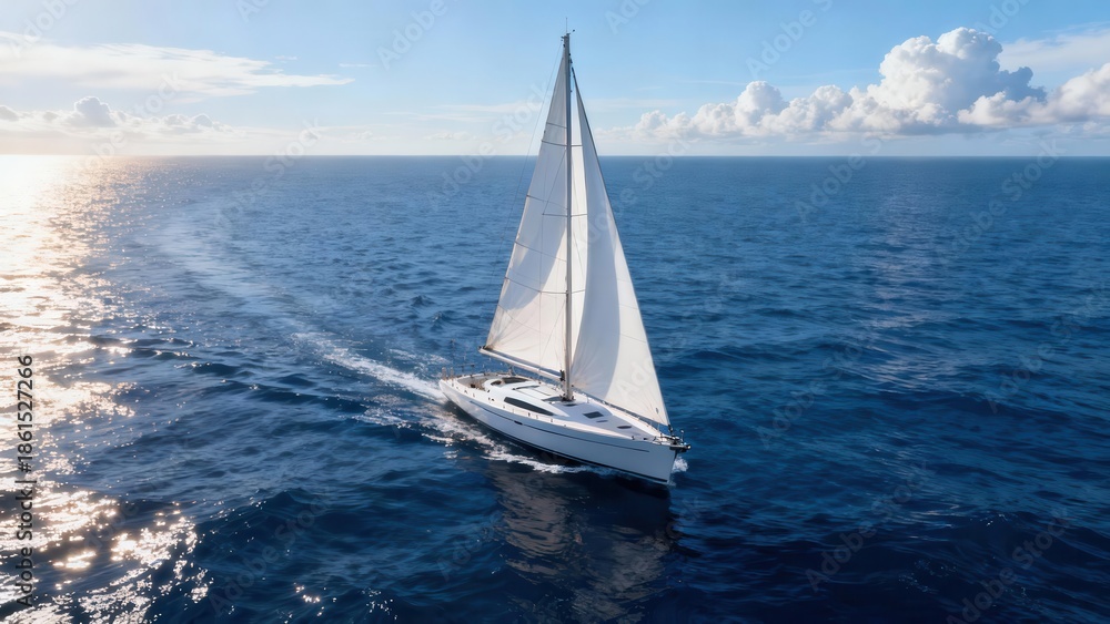 Obraz premium White sailing yacht moves swiftly across the deep blue ocean water leaving a noticeable foamy wake trail.