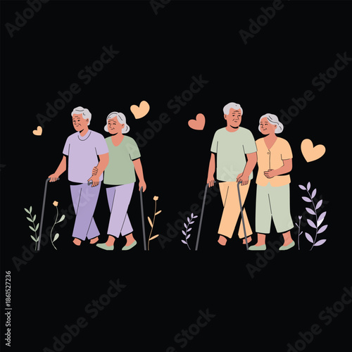 Elderly couples walking together