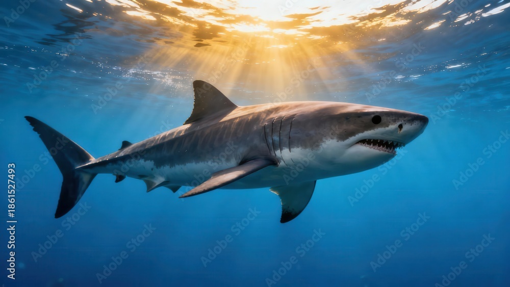 Naklejka premium Massive Great White Shark swimming in deep blue ocean water illuminated by bright golden sunbeams streaming down from the surface.