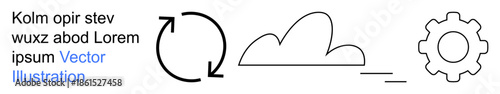 Cloud computing, data synchronization, process automation, technology systems, software infrastructure, digital networks. Cycle arrows, cloud and gear icon. Cloud computing and data synchronization