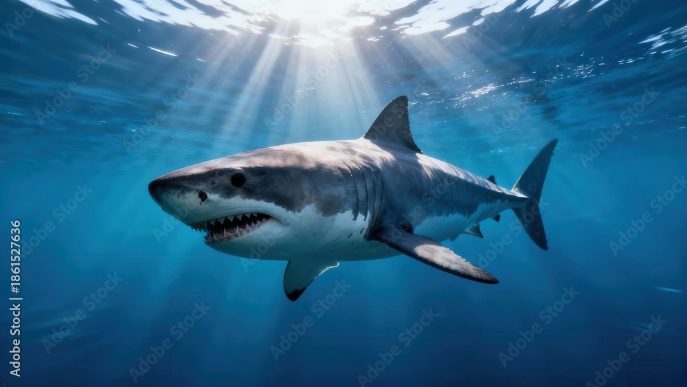 Fototapeta premium Powerful Great White Shark predatory fish swimming underwater showing sharp teeth as sunbeams penetrate the deep blue ocean.