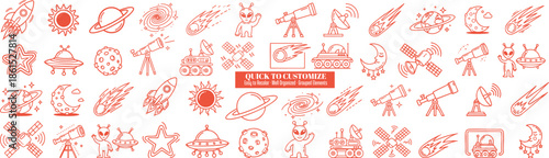 Minimal line art outer space icons with telescopes rockets planets comets aliens satellites and lunar landscapes arranged in seamless horizontal banner layout in monochrome orange outline style