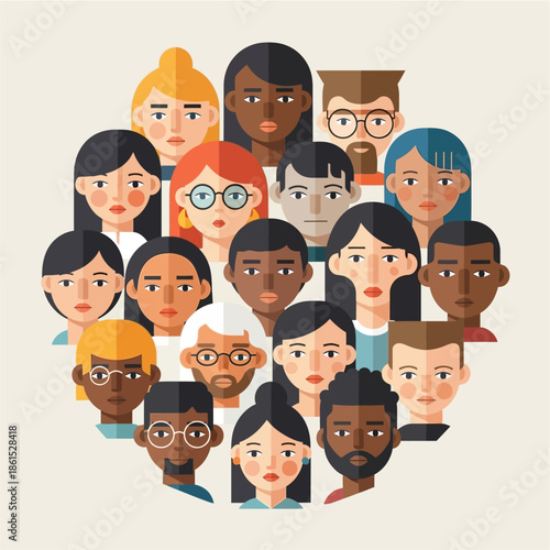 Diverse group of people faces illustration, multicultural crowd, various ethnicities and ages, flat design style, vector graphics, people looking forward, expressions