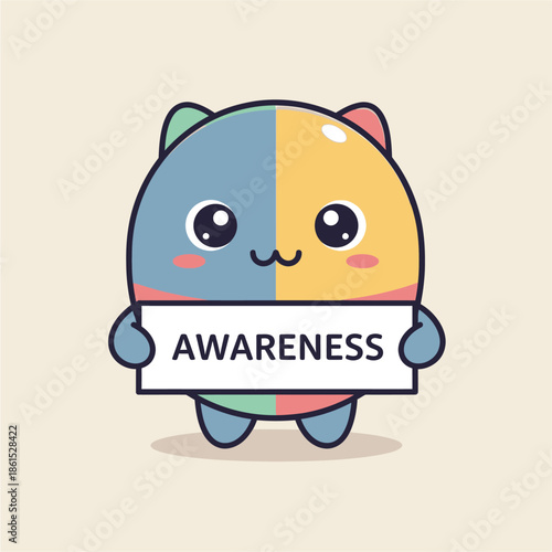 Colorful cartoon cat holding awareness sign, split personality concept, cute illustration for mental health and social issues
