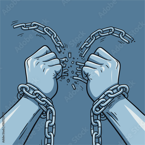 Two clenched fists breaking free from heavy steel chains on wrists, symbolizing freedom and strength against a blue background