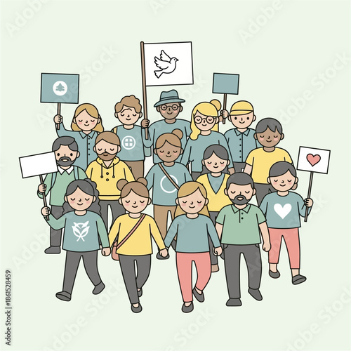Diverse group of people holding signs and protesting for environmental conservation and peace, a crowd of adults and children in green, yellow, and blue shirts with eco