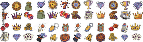 Whimsical doodle style horizontal casino icon border with purple diamonds, golden crowns, red dice, slot machines, roulette wheels, trophies, coins and money bags on light backdrop