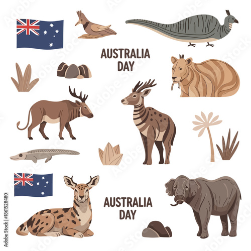 Australia day celebration with various native animals and flag, wildlife icons, eucalyptus leaves and rocks on white background