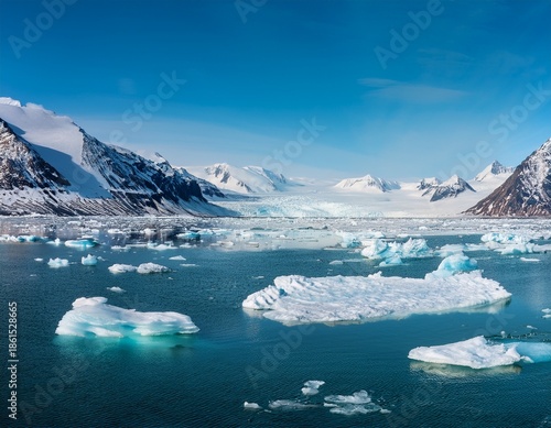 panoramic view of ice floes floating on turquoise water with snowy mountains in the background creating a breathtaking arctic landscape