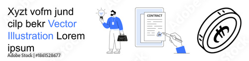 Business strategy, contract management, financial transactions, innovation, legal processes, digital solutions. a person with an idea, a contract being signed and a currency icon. Business strategy