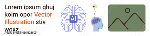Artificial intelligence, neural networks, creativity, technology, innovation, futuristic ideas. Circuit-style AI icon, human brain with thought bubble abstract shapes. Artificial intelligence