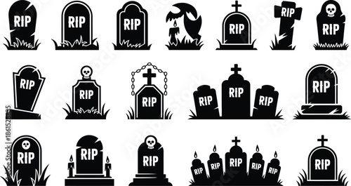 collection of various black tombstones with RIP text on white background
