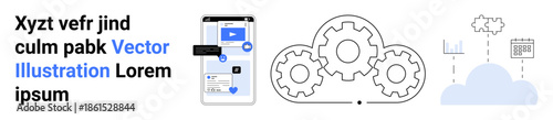 Digital transformation, app interface design, cloud storage, software development, workflow optimization, system integration. Mobile app interface, gears and cloud with analytics icons. App design