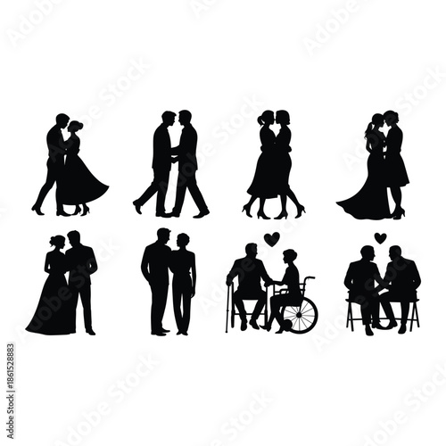 Silhouettes of couples in various intimate moments