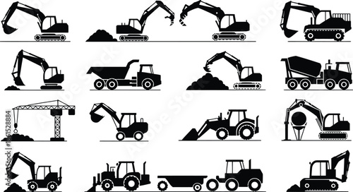 collection of construction vehicles and machines in black silhouette